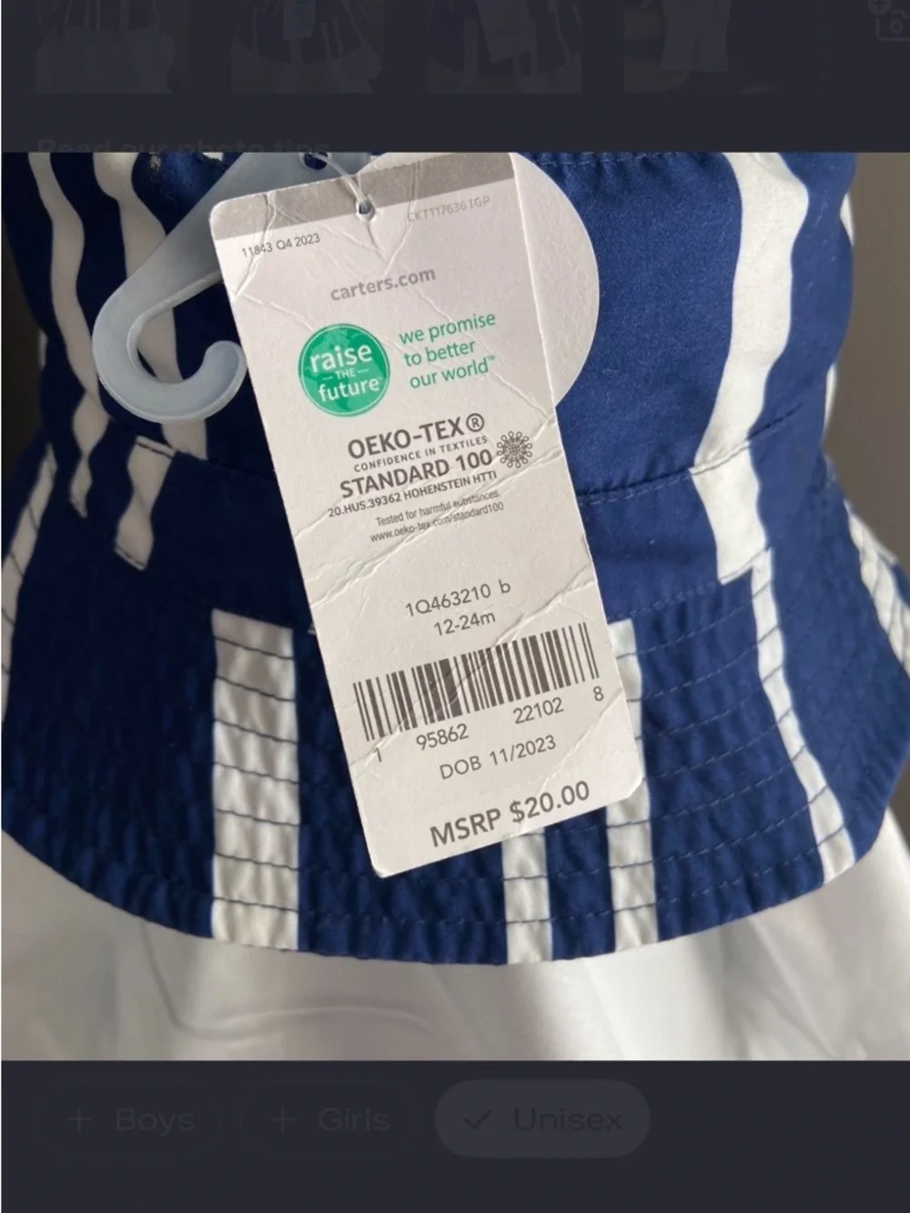 Carter’s Reversible UPF 50+ Blue White Stripe Bucket Sun Hat 12-24M NWT